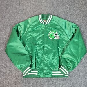 Vintage 90s New York Jets Satin Jacket Stadium Club Green Snap Button Mens L NFL